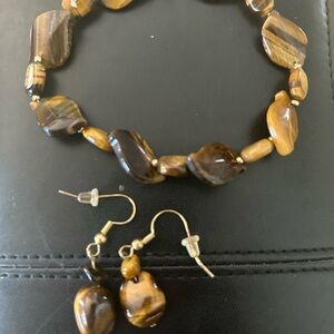 Tiger Eye Beaded Bracelet and Earring Set - Brown